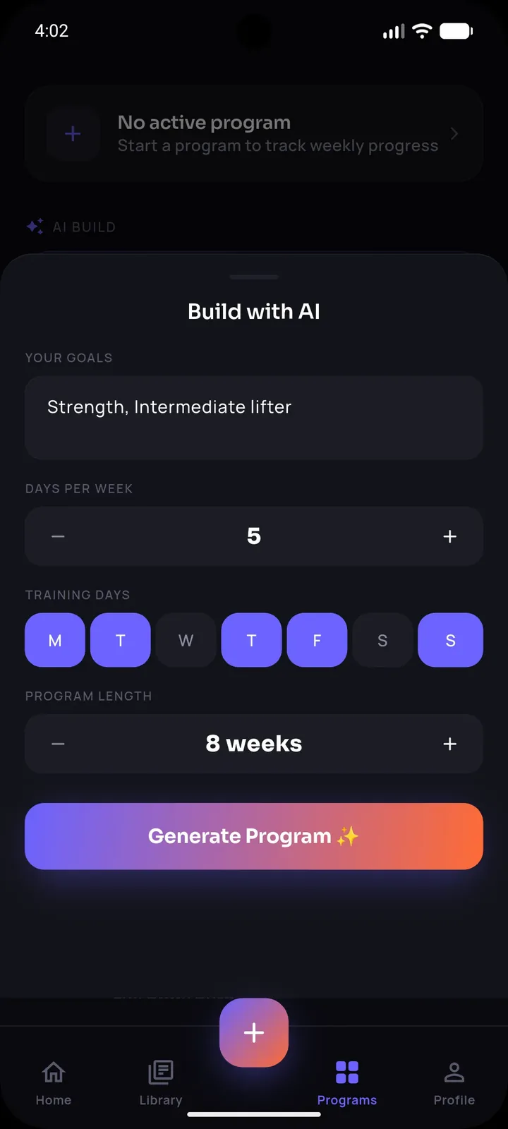 Build with AI screen for generating a personalized training program