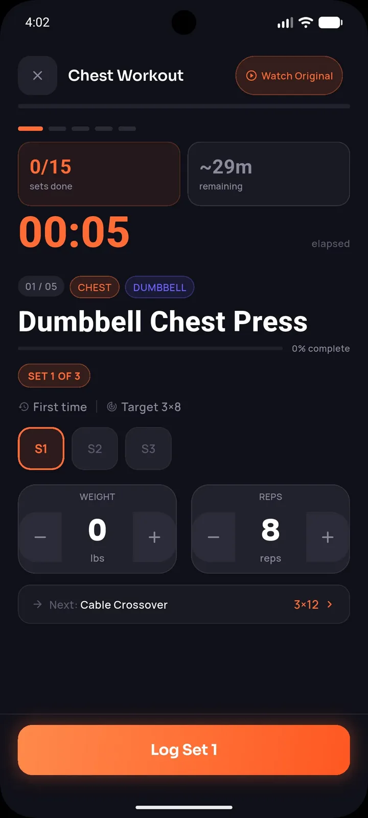 SetForge Gym Mode screen logging a dumbbell chest press set