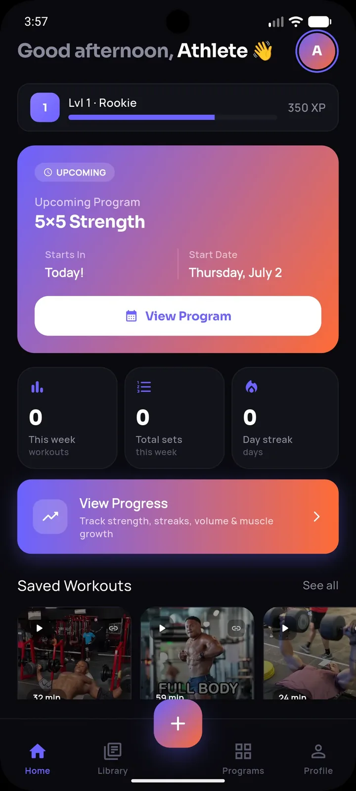 SetForge home screen showing level progress, upcoming program, and saved workouts