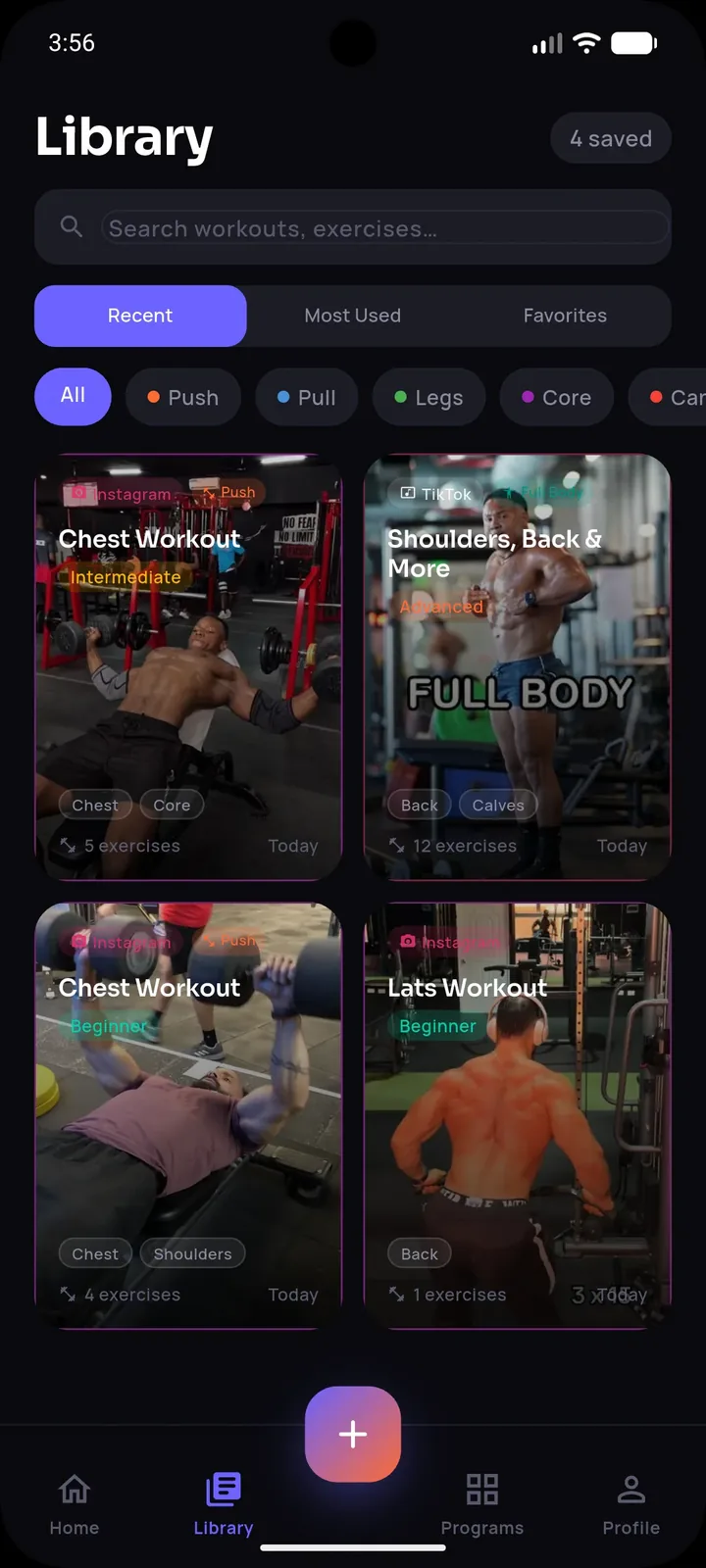 SetForge library screen with workouts imported from Instagram and TikTok