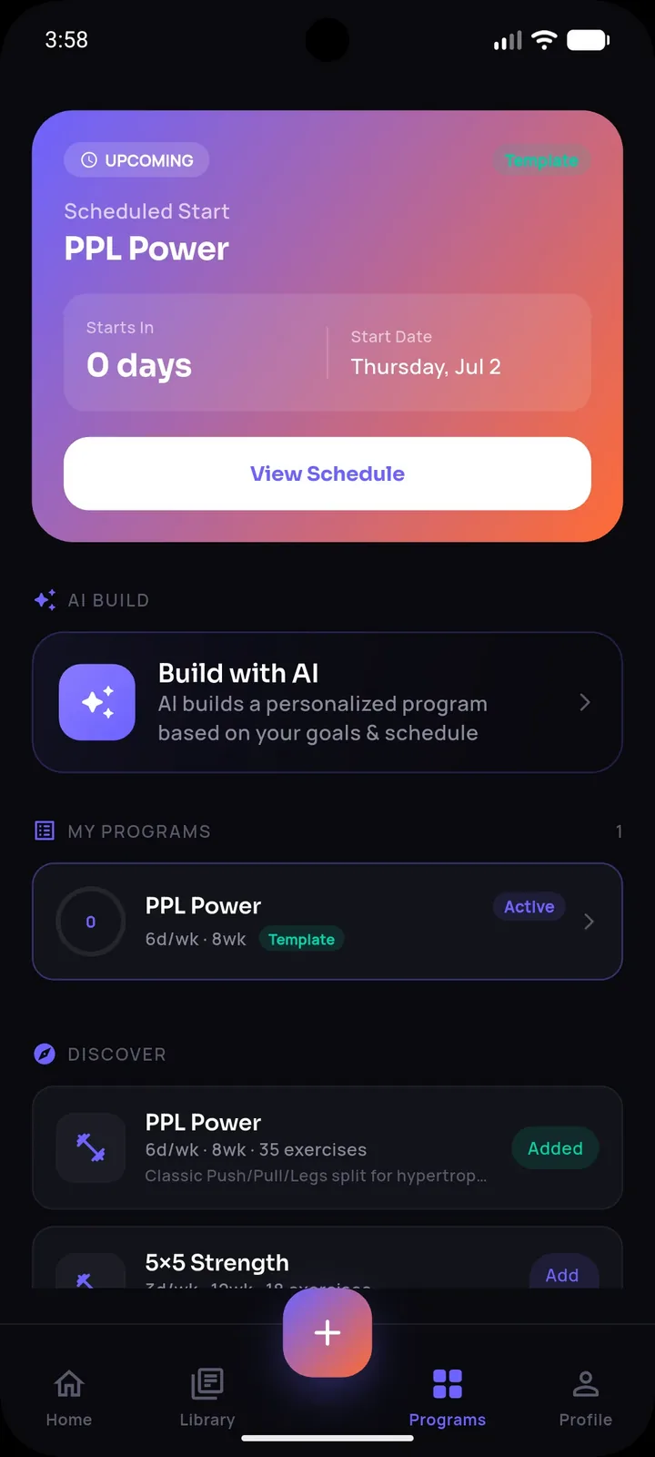 SetForge programs screen showing an active PPL Power program