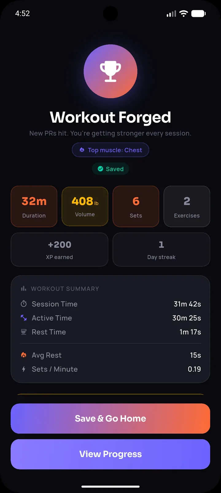 SetForge Workout Forged completion screen with XP earned and workout summary